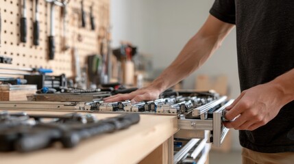 Carpenter working in workshop with precision tools for custom woodworking projects