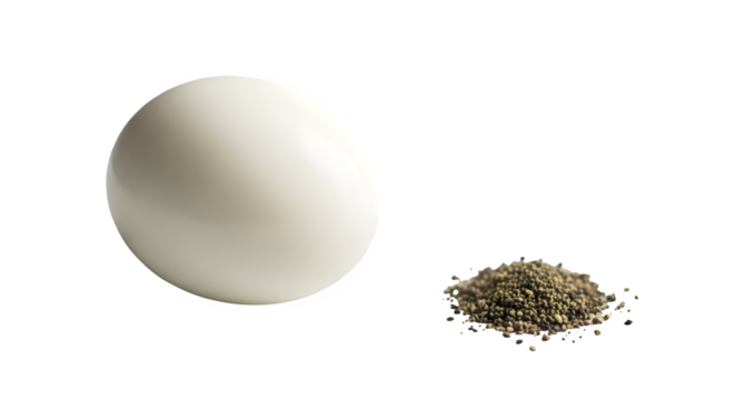 A single hard boiled egg with a pile of ground black pepper isolated on transparent background, a simple and healthy snack or ingredient for cooking