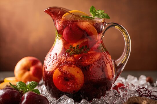 Detailed shot of a pitcher filled with fruit and sangria