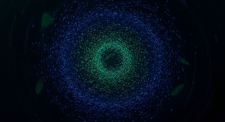 Abstract mesmerizing vortex of blue and green light particles swirling in a circular motion, creating a captivating and dynamic visual effect