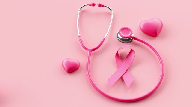 Close-up video of a pink ribbon, hearts and stethoscope on a pink background for the Breast Cancer Awareness Month and World Cancer Day in 3D animation - Powered by Adobe