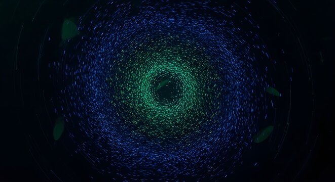 Abstract mesmerizing vortex of blue and green light particles swirling in a circular motion, creating a captivating and dynamic visual effect