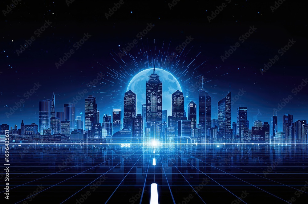 Poster abstract digital design featuring futuristic architecture and neon glow effects, symbolizing advance