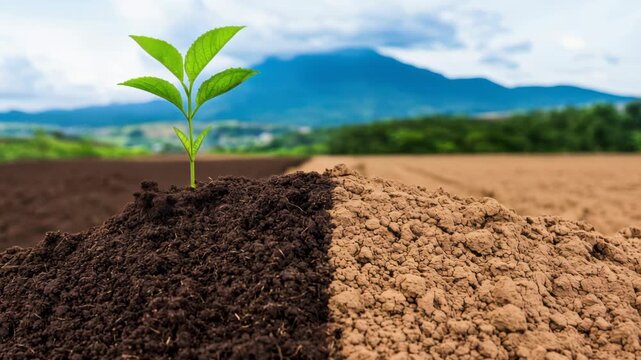 Young plant grows from rich degraded soil next to dry cracked soil agricultural field with mountain landscape and hopeful mood young plant sprout degraded soil showing fertile dark earth beside dry