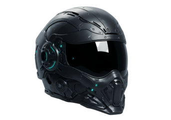 Futuristic Black Motorcycle Helmet Technology and Safety Gear isolated on transparent background