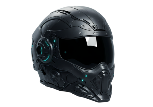Futuristic Black Motorcycle Helmet Technology and Safety Gear isolated on transparent background