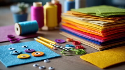 DIY felt puppet set in progress with colorful felt pieces, googly eyes, and thread arranged on a crafting mat