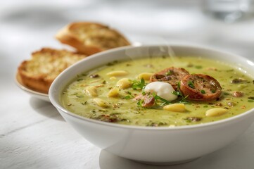 Zucchini and chili soup with oregano, served with crunchy garlic bread