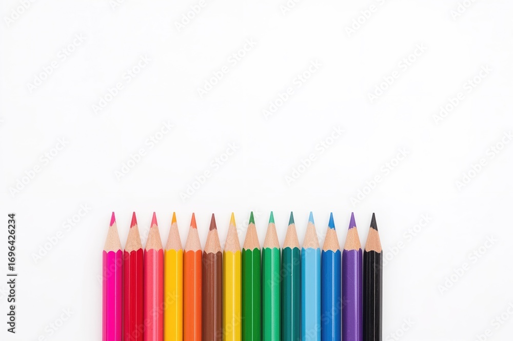Poster vibrant color pencils arranged against a white background with ample space for text