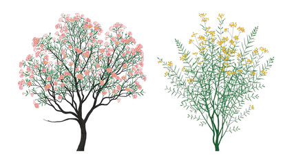 Obraz premium Blooming Pink and Yellow Flowering Trees and Shrubs, Digital Illustration
