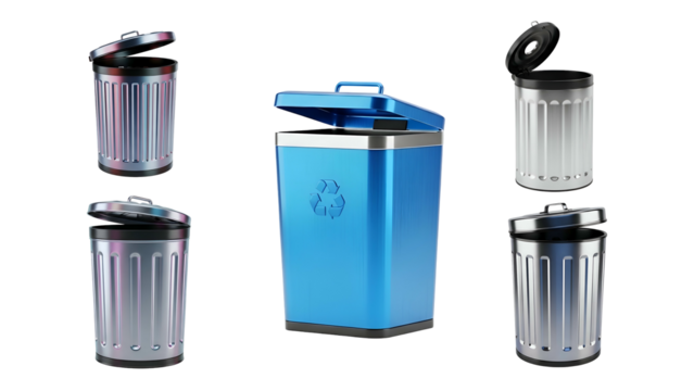 Transparan Background Recycle Bin Collection: 3D Render of Various Trash Cans for Waste Management