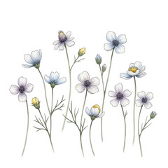 Delicate wildflowers in soft blue and white isolated on white isolated on transparent background