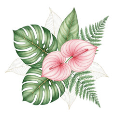 Tropical floral arrangement with pink anthurium and monstera isolated on transparent background