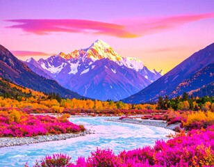 Majestic mountain landscape at sunrise with golden light, lush green valleys, serene river reflections, dramatic sky, untouched wilderness, scenic travel and eco tourism.