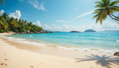 Fototapeta premium Serene sandy beach with turquoise water palm trees and distant islands under blue sky