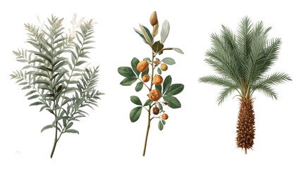 Botanical Illustration Trio Silver Leaf, Fruiting Branch, and Cycad Palm
