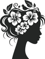 Elegant woman silhouette with floral hair, hibiscus flowers, bird and leaves, nature inspired beauty profile, artistic feminine vector illustration