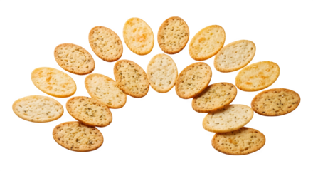 Crispy bruschetta crackers arranged in a semicircle isolated on transparent background, showcasing a delicious snack option for appetizers and gatherings