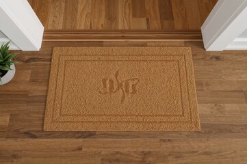 Entryway Door Mat. Outdoor Entrance Rug. Mockup of Entry Mat on Brown Wooden Floor. Top Perspective