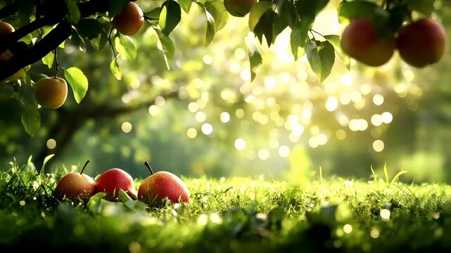 A vivid, sunlit scene of a lush green meadow dotted with ripe pears. The sun casts a warm, golden hue over the scene.