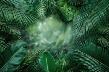 Creative layout of tropical green foliage. Concept of spring in nature. Flat lay design.