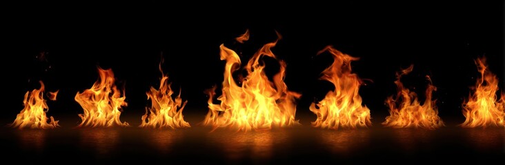 A row of bright orange flames rise from a reflective surface against a stark black background