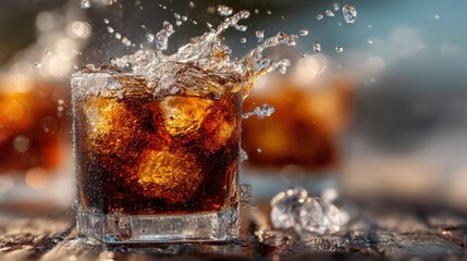 Refreshing soda drink with ice cubes and splash