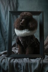 Elegant brown poodle with white lace ruffled collar in black vintage frame on dark velvet backdrop