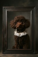 Brown vintage dog in lace-trimmed black attire seated within dark wooden frame on blue silk, classical elegance with deep background and draped fabric
