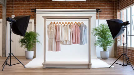 Soft pastel clothing rack livestream shopping studio photoshoot with hanging dresses tops shirts minimal set and soft mood