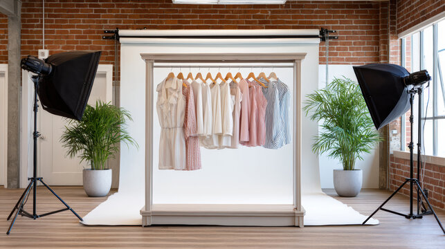 Soft pastel clothing rack livestream shopping studio photoshoot with hanging dresses tops shirts minimal set and soft mood