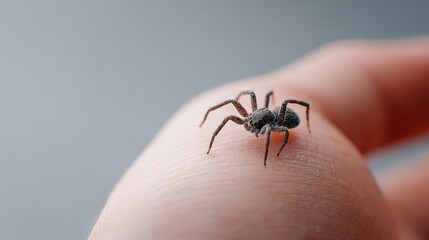 Obraz premium Close up view of a small spider crawling across human skin, emphasizing the intricate and delicate interaction between humanity and the natural world surrounding us
