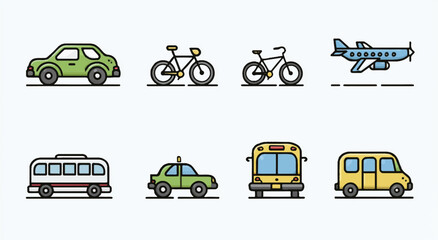 Vector icons collection illustrating diverse modes of transport showcasing a car bicycle airplane bus and taxi