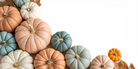 Pastel colored pumpkins arranged on a surface, accompanied by a single autumn leaf, evoke a festive halloween atmosphere against a minimalist white backdrop	