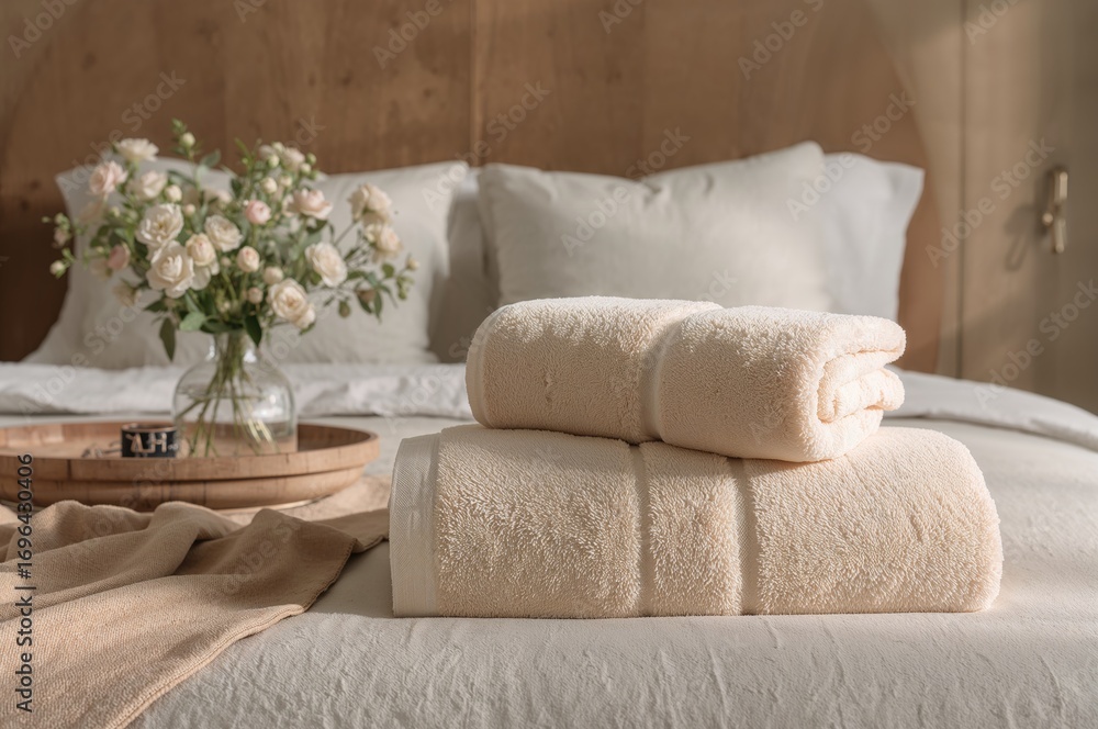 Aufkleber detailed view of a pair of folded towels placed on a large bed. concept related to lodging and guest
