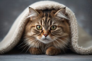 Detailed view of a fuzzy striped feline with emerald eyes resting beneath a plush cover, evoking comfort and warmth.