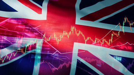 Financial trends overlaid with the United Kingdom flag Generative AI