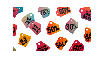 Abstract Colorful Sale Tags Falling on Transparent Background