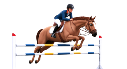 3d cartoon equestrian show jumping horse and rider animation, isolated on transparent background