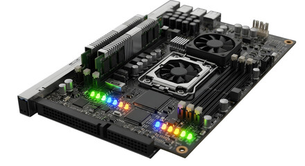 A hightech computer motherboard isolated on transparent background, featuring intricate circuitry, cooling fans, and colorful led lights