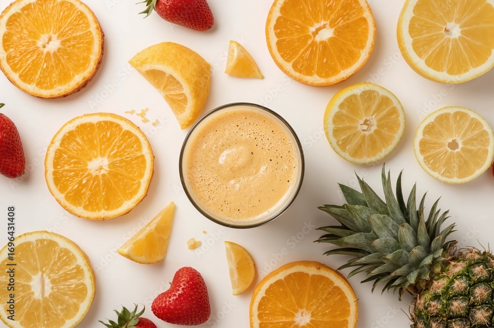 Poster creative arrangement of juice bottles. top view. culinary idea. smoothie displayed on a plain surfac