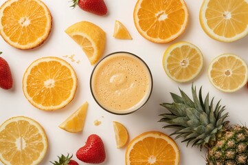 Creative arrangement of juice bottles. Top view. Culinary idea. Smoothie displayed on a plain surface.
