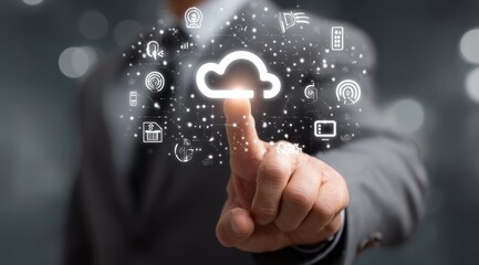 A hand in a suit interacts with glowing cloud and data icons against a soft, blurred grey background