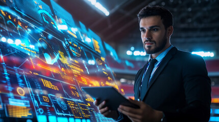 Vibrant sports analyst engaging with advanced analytics Generative AI