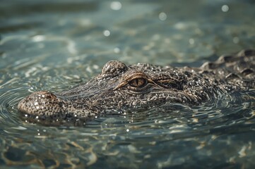 Fototapeta premium Close-up of a crocodile's head partially submerged, sharp eyes with blurred backdrop