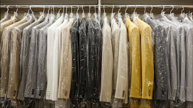 Plastic-wrapped garments hanging on metal rack inside dry cleaning shop, displaying neat rows of pressed clothing in multiple colors and styles