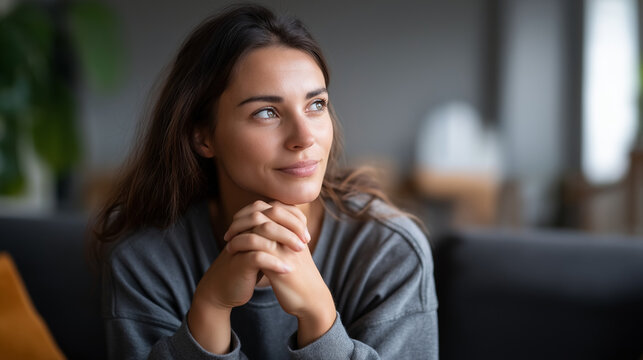 Caucasian young adult woman reclining on dark sofa holding hands together looking away with thoughtful expression sitting against plain wall in indoor setting thoughtful moment - Powered by Adobe