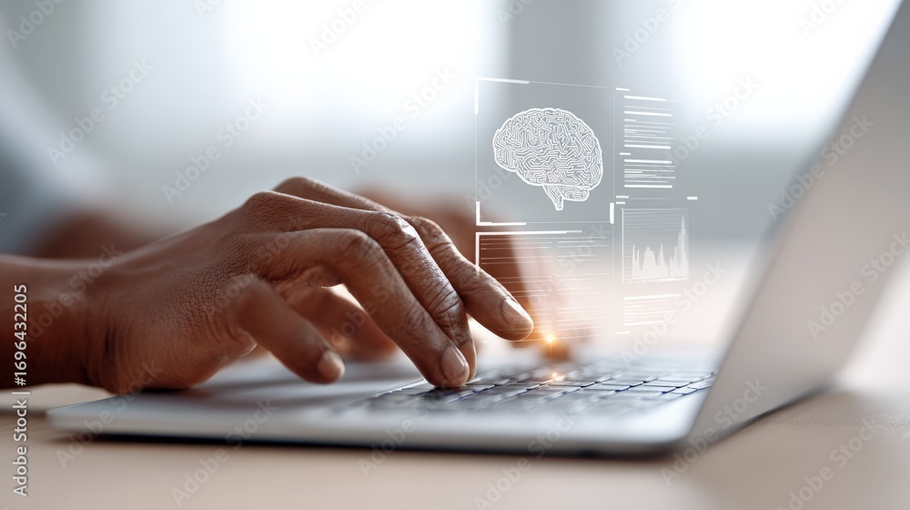 Poster software engineer working on artificial intelligence algorithms, typing code on a laptop with a holo