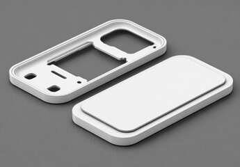 Two white, rectangular plastic parts; one hollow frame, one solid; isolated on a flat, gray surface