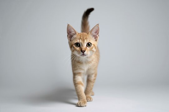 Adorable young Abyssinian male cat with large eyes striding confidently toward the viewer